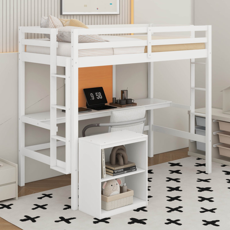 Lit mezzanine simple avec bureau et tableau d'écriture, lit mezzanine en bois avec bureau et armoire, Blanc