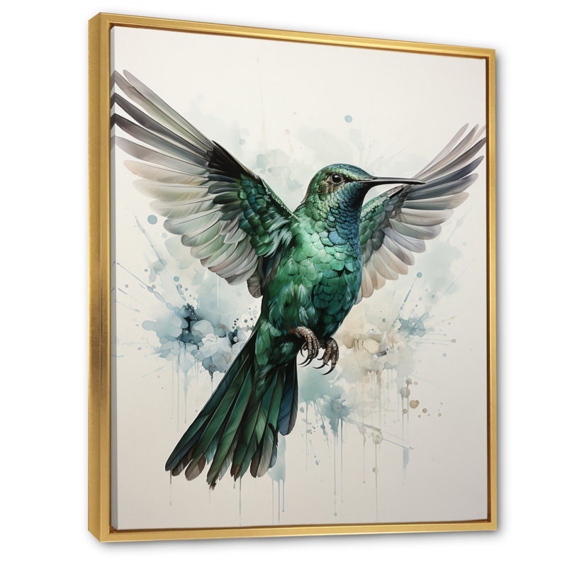 «Deux colibris gris sarcelle» - reproduction sur toile, Cadre flottant doré, H 20 po x l 12 po x P 1 po