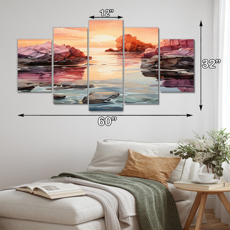 Orange orange et gris, «Iceberg», art mural sur toile, 5 panneaux