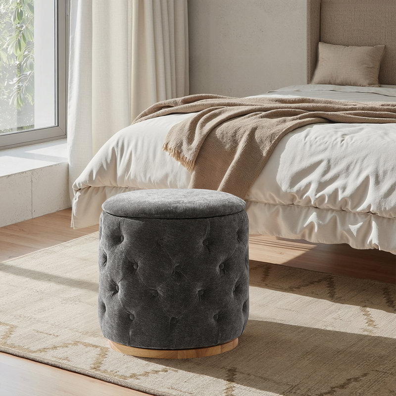 Venus Modern 19"W Tufted Ottoman with Storage and 360-degree Swivel Solid Wood Base, Gray