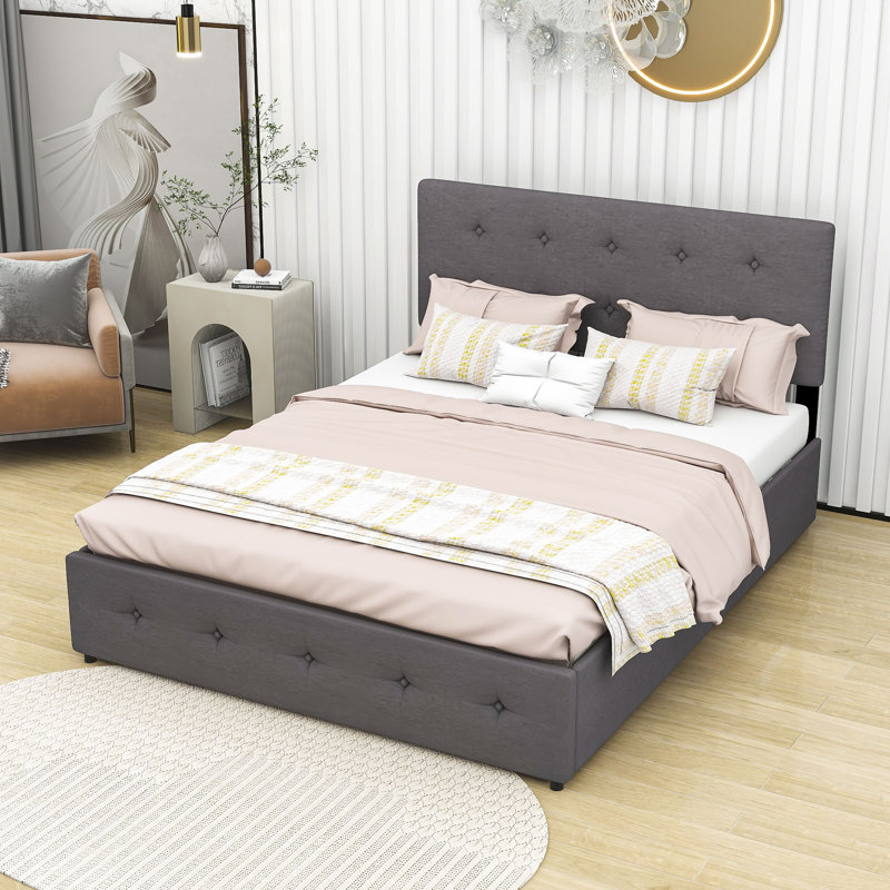 Upholstered Platform Storage Bed, Light Gray