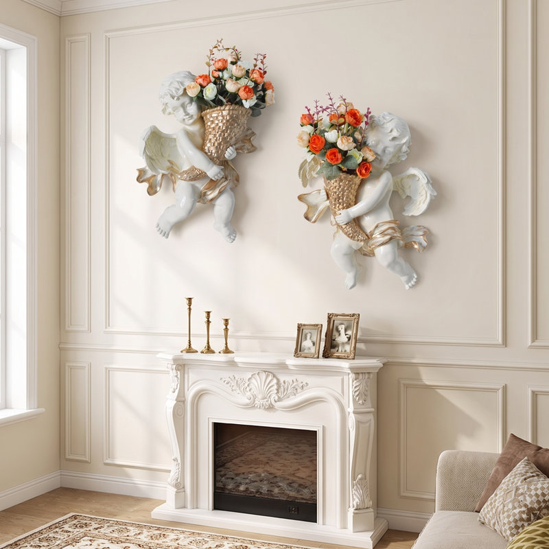 Ensemble de décoration murale 3D en résine ange - Sculptures de chérubins fabriquées à la main avec corne d'abondance dorée, art rétro pour le salon, la salle à manger et le café
