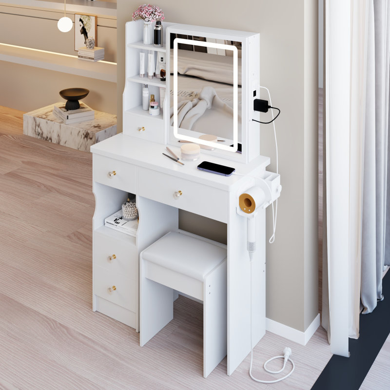 Petit meuble-lavabo de 29,2 po avec tiroir à gauche + tabouret rembourré, 2 blocs d'alimentation CA + 2 ports USB, support pour sèche-cheveux, très grand miroir coulissant à commande tactile à DEL, réglage de la luminosité tricolore, réglage de l
