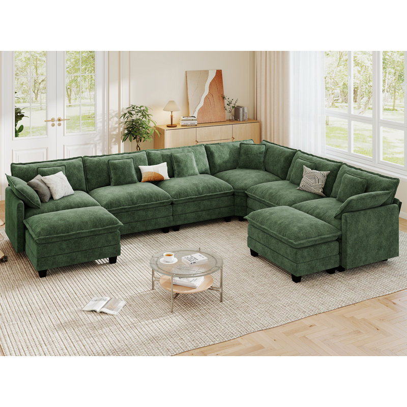 Canapé modulaire en U modulaire en forme de U en chenille de 150,4 po avec deux repose-pieds Esai, Green
