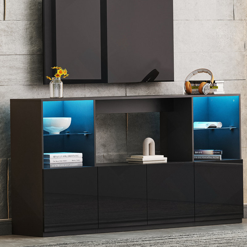 Meuble télé moderne ultrabrillant avec lumières DEL, Noir