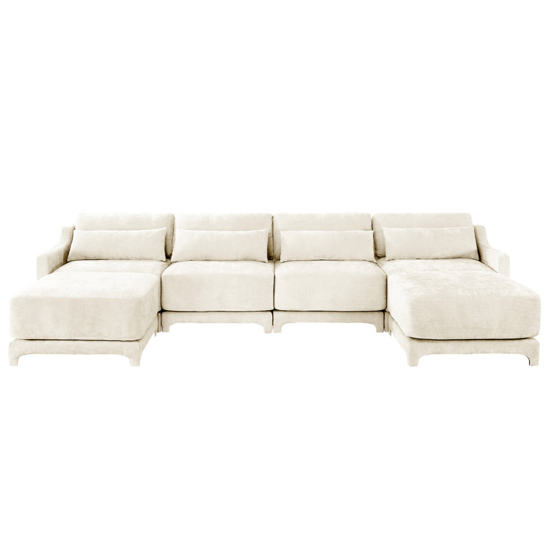 Beige rembourré à quatre places en chenille, équipé d'un coussin lombaire amovible, d'un dossier ergonomique et d'une structure en bois de qualité assortie durable en chenille, sièges et coussins