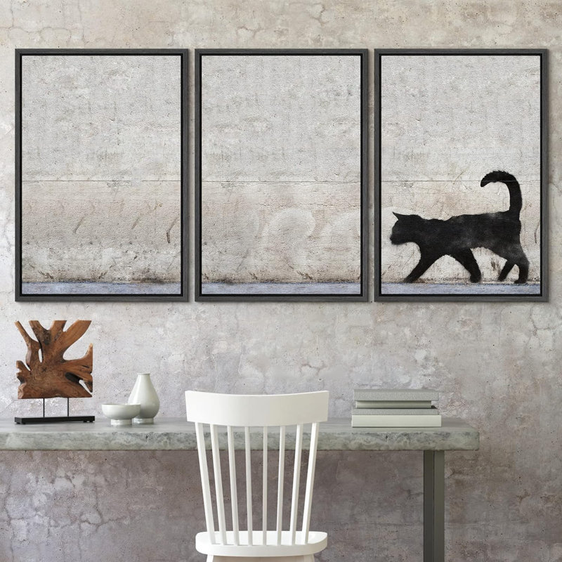Silhouette de chat noir, triptyque, graffiti et villes d'art urbain, paysage urbain, 3 pièces, H 24 po x l 48 po x P 1,5 po