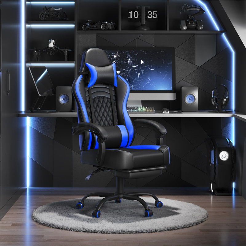 Metro Lane Adjustable Reclining Ergonomic Faux Leather Swiveling PC & Racing Game Chair with Footrest, Black/Blue