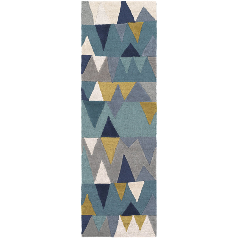 Tapis bleu sarcelle / bleu marine / jaune / gris en laine touffeté à la main Sandin, Tapis de couloir 2 pi 6 po x 8 pi