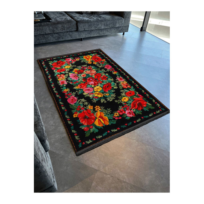 Tapis décoratif moderne à motif floral multicolore noir et rose, Sous-tapis rectangulaire de 3 pi 3 po x 4 pi 11 po