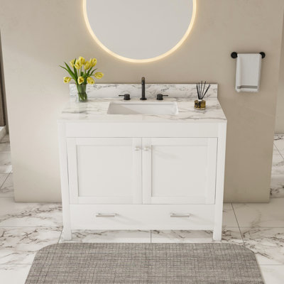 Ensemble de meuble-lavabo moderne 43 po avec plateau en fritté blanc Carrara, armoire de salle de bain multifonctionnelle avec portes et tiroir, structure solide et panneau de fibres à densité moyenne (trois trous de robinet)