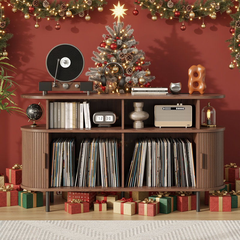 Mid-Century Turntable Stand With Sliding Doors - Large Vinyl Record Storage Cabinet For Living Room & Bedroom, Walnut