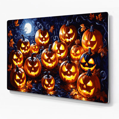 Halloween Jack o lanterns and carved pumpkins Red Metal Wall Art