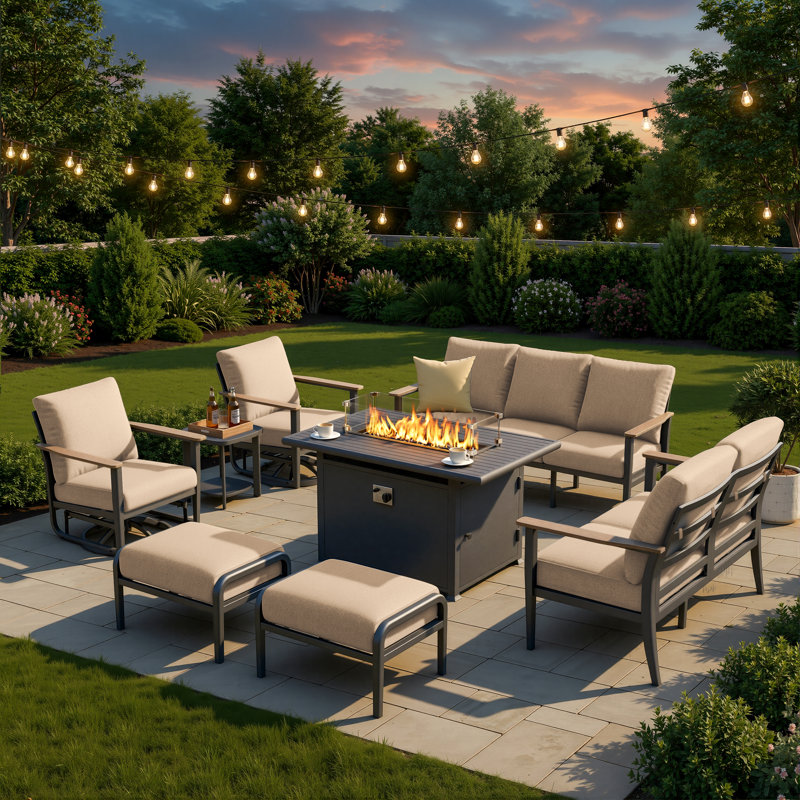 9-Person Aluminum Outdoor Patio Conversation Set With Propane Fire Pit Table, Swivel Rocking Chairs, Wood-Look Armrests & 5.12" Thick Cushions