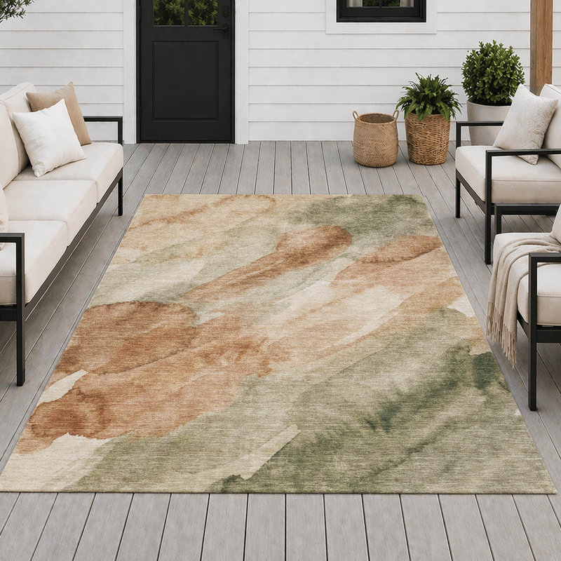 Tapis abstrait lavable à la machine intérieur / extérieur ACN2949, Olive, 3 pi x 5 pi