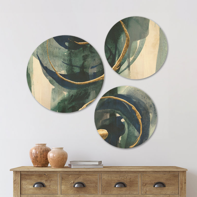 «Mettalic Indigo And Gold II», ensemble d'art mural en bois chic et luxueux à 3 cercles