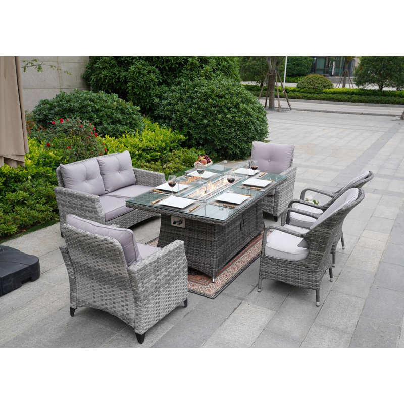 Ensemble de conversation en osier / rotin pour 6 personnes avec coussins Aerolyn, Gris