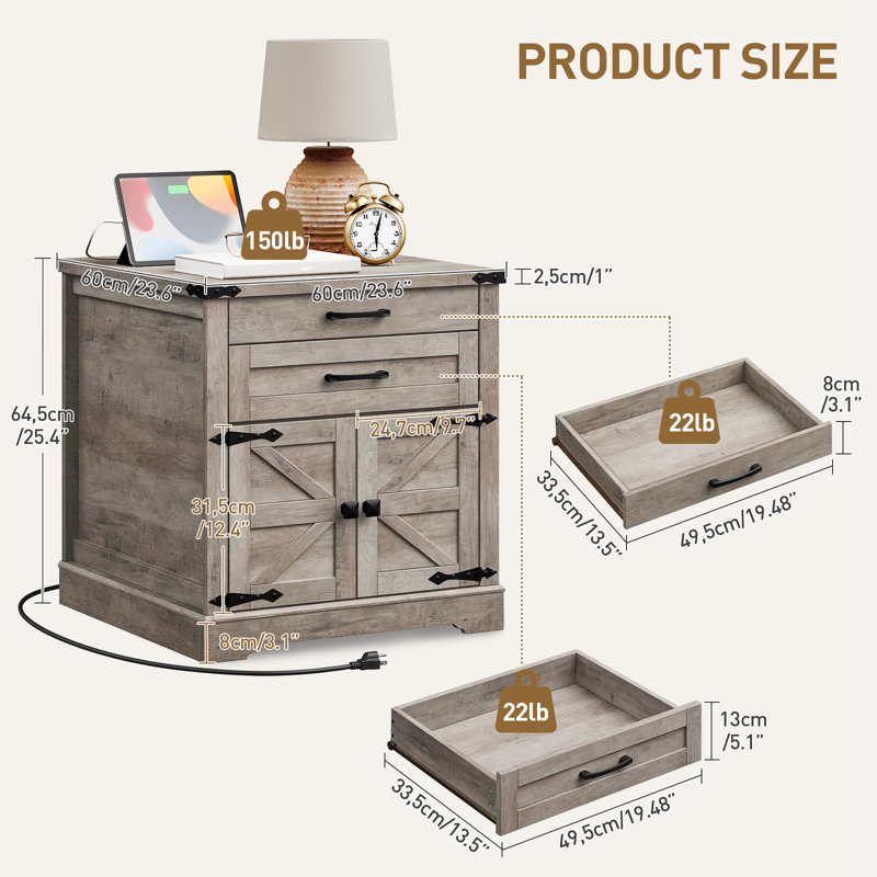 Brisson 23.6"W Farmhouse End Table with Charging Station, Sofa Side Table with 2 Drawers and Barn Door, Large Rustic Wooden Square Nightstand