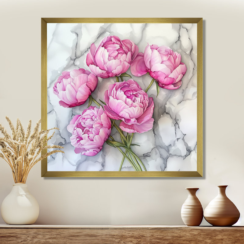 Pivoines roses sur comptoir en marbre / - pivoines, art mural, H 36 po x l 36 po, Reproduction encadrée d'une seule photo