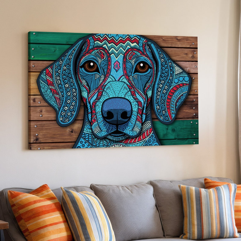 Toile, «A Vibrant Stylized Portrait of a Dog Caractérized By An Wall Art», patchwork complexe de motifs et de textures colorés