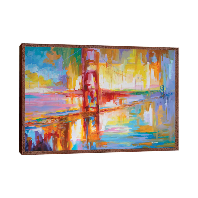 Golden Gate Bridge by Leon Devenice - Painting on Canvas, Classic Brown Wood Framed, 66.04cm H x 101.6cm W x 3.81cm D
