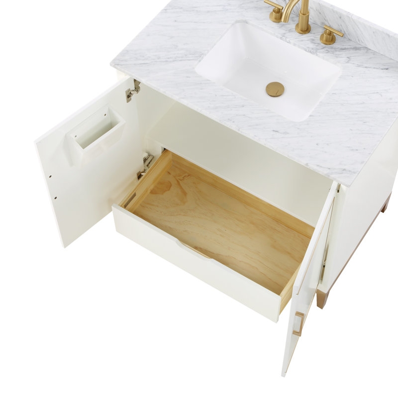 Gracie 36'' W Single Vanity, Satin White, White Quartz, Satin Brass