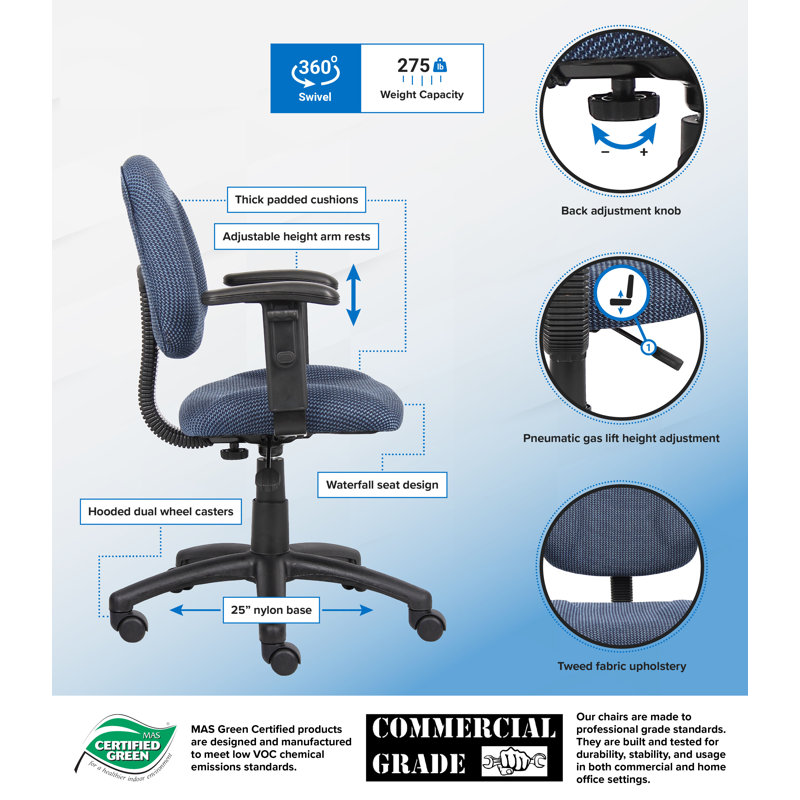 Task Chair, Blue Twill, Adjustable Arms