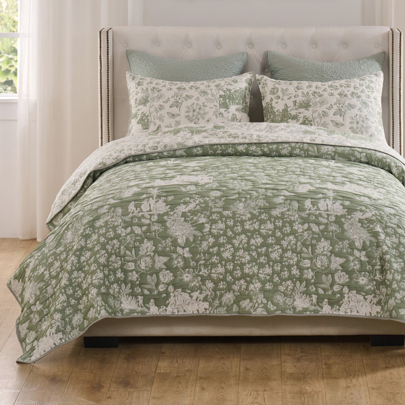 Toile Patch Jacquard Reversible Coverlet Set, Sage, Queen Coverlet + 2 Standard Shams