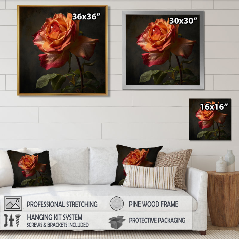 Gros plan d'une rose rouge et orange - impression d'art mural rose, Toile avec cadre flottant or