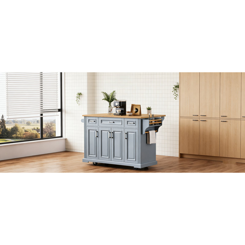 Grand îlot de cuisine de 54 po K&K avec abattant, texture gaufrée, chariot roulant sur 4 roues, 4 portes, 3 tiroirs, gris-bleu