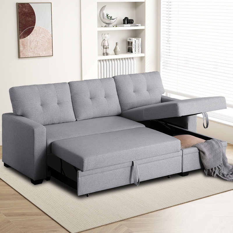 82-inch Sleeper Sofa, Upholstered Pull Out Sectional Sofa with Storage Chaise, L-Shaped Corner Reversible Sleeper Sectional Sofa