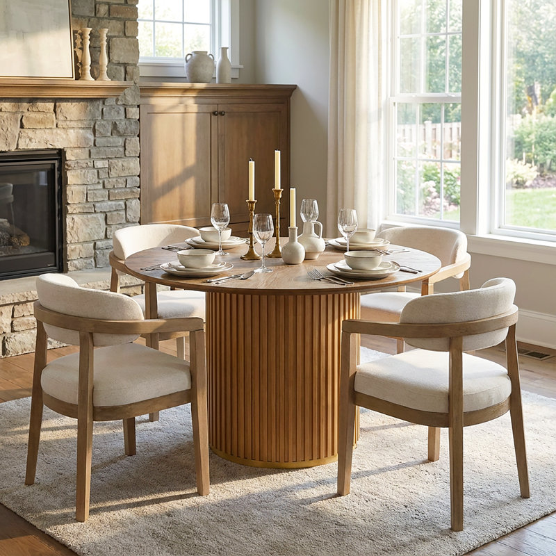 Logan 5-Piece Round Pedestal Dining Table Set With Upholstered Chairs, Light Ash