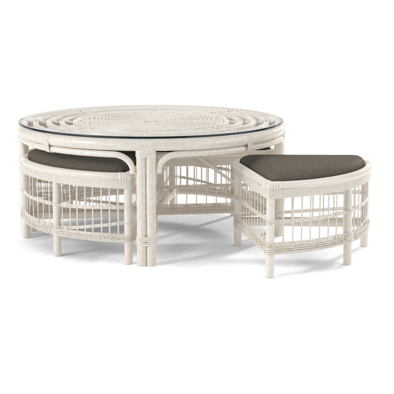 Raffles Rattan Cocktail Table with Benches, Antique Frost White, Blue Buffalo Check; 0120-61