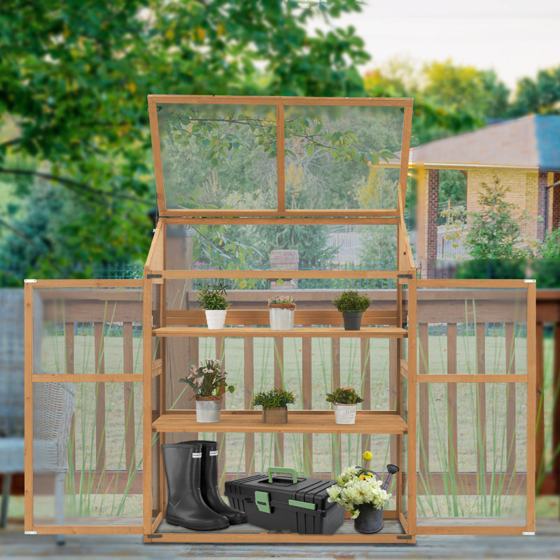 44.5" W x 24.8" D Cold Frame Greenhouse with Adjustable Shelves for Outdoor Indoor Use, Light Brown