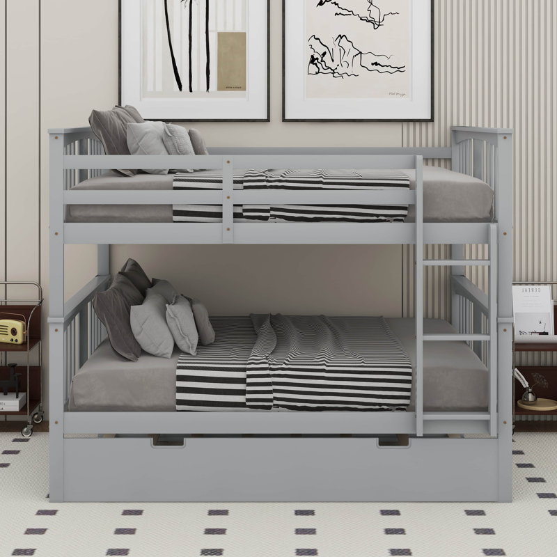 Full Over Full Bunk Bed With Twin Size Trundle And Ladder, Gray