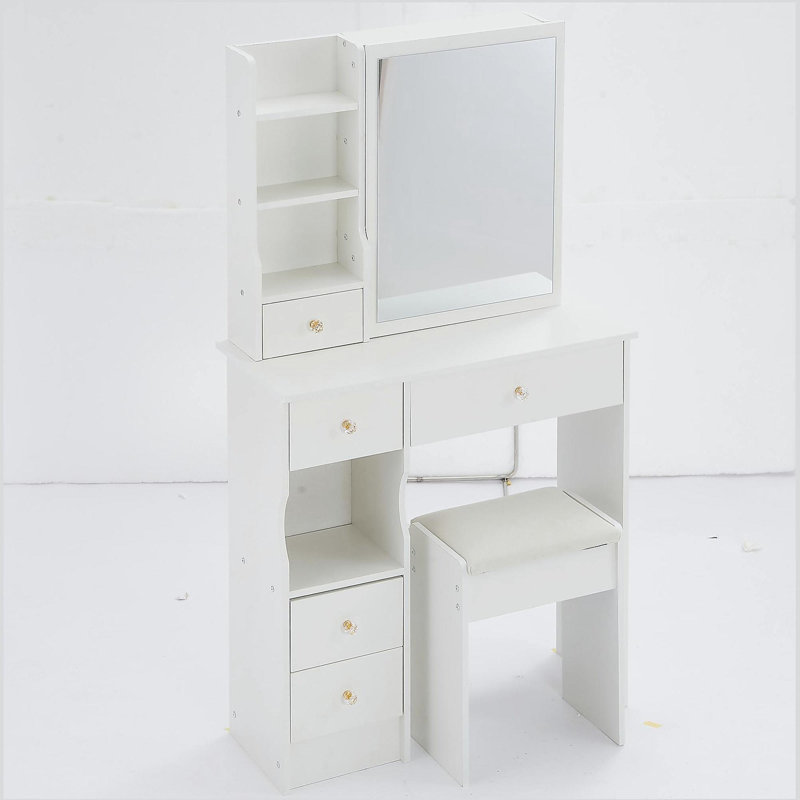 29.2" Small Space Left Drawer Desktop Vanity Table + Cushioned Stool, Extra Large Right sliding mirror, Multi Layer High Capacity Storage, Practical Fashionable Dresser, Suitable For Small Space