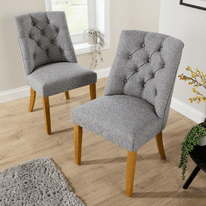 Samara Pair of Fabric Upholstered Tufted Dining Chairs, Grey