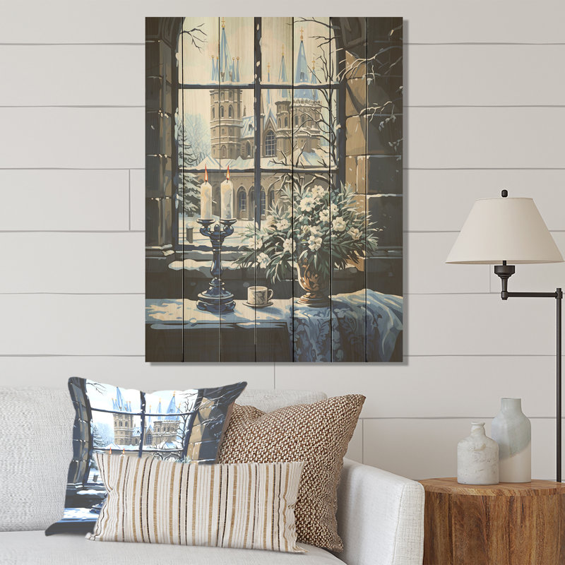 Christmast Winter Landscape Window - Paysage d'hiver sur bois, H 44 po x l 34 po