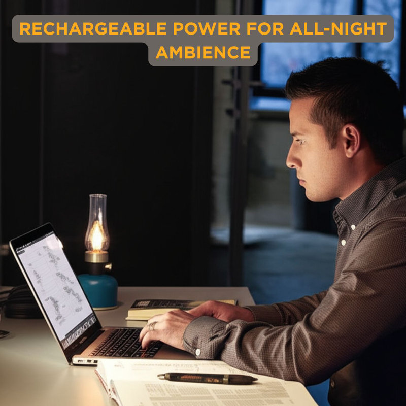 - Lampe de table à lanterne à DEL avec cheminée en verre lustré - Ampoule Edison rechargeable de style rétro noire de 10,5 po - Éclairage décoratif intérieur / extérieur - Bleu