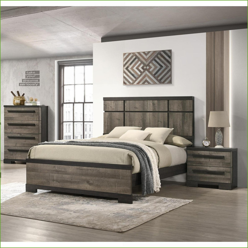 Table de chevet contemporaine à 2 tiroirs en bois brun / gris avec rangement pour chambre à coucher