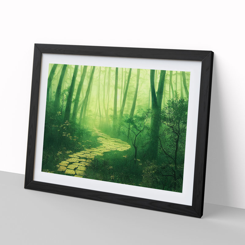 Japanese Forest In Watercolour - Single Picture Frame Print, Black, 46cm H x 64cm W x 2cm D