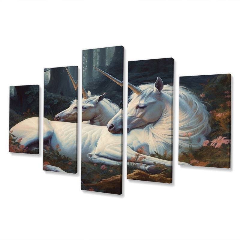 Mignonnes licornes dormant ensemble dans un champ de fleurs I - impression d'art mural licorne fantastique - 5 panneaux