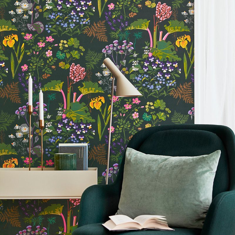 Boråstapeter Rabarber Wallpaper, Navy/Green/Pink