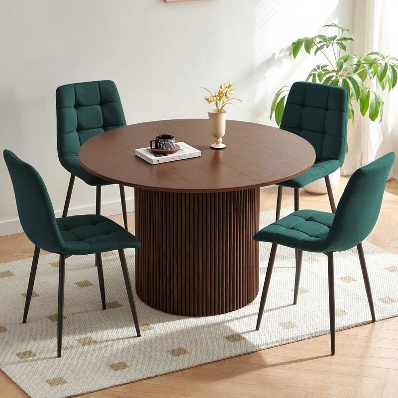 Dining Room Table Set For 4, Round Wooden Dining Table With Upholstered Chairs, Walnut Brown, Green