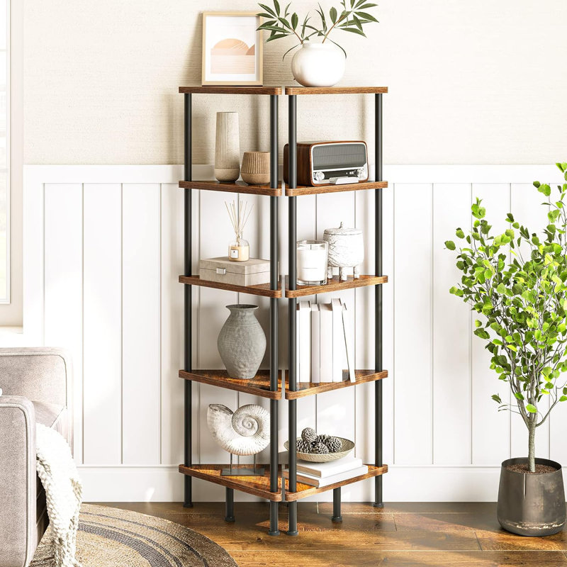 CornerCabinet Corner Bookcase, (5 Shelves) 45.3"H x 11.8"W x 11.8"D., Brown