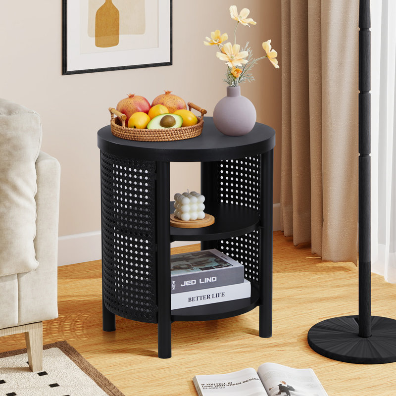 Round End Table With 3-Tier Storage Shelves, Black, 1