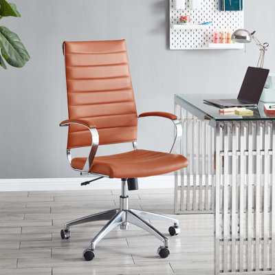 Fauteuil de direction noir à haut dossier nervuré en vinyle noir par Modway