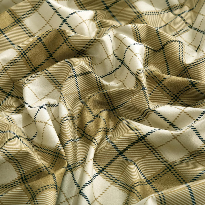 Queen Tan Beige Blue Plaid Microfiber Deep Pocket Sheet Set
