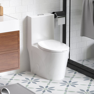 Toilette allongée une pièce avec siège à double chasse et fermeture en douceur, céramique blanc brillant