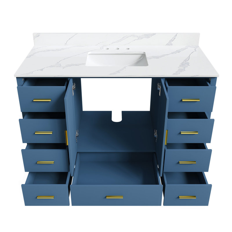 Meuble-lavabo moderne en bois massif de 48 po avec lavabo, comptoir en quartz blanc de Carrare de 49 po avec 3 trous prépercés pour robinetterie, 2 portes doubles à fermeture douce et 9 tiroirs spacieux avec glissières (bleu)